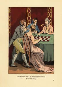 Fasjonable Incroyables i jakker med høy krage ved et spillebord med ung kvinne og croupier. Et gamblinghelvete i Palais Royal, år VIII av François Courboin