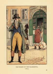 Fasjonabel herremann foran inngangen til Passage du Perron, Palais Royal. Han har på seg lue, halsduk, frakk, buksebukser og støvler. Perron fra Palais Royal, Paris