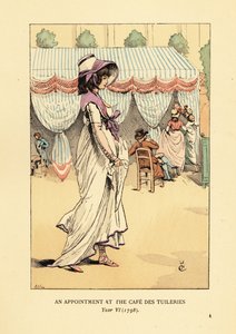 Fasjonabel kvinne som ankommer for en avtale på Cafe des Tuileries, Paris, år VI