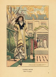 Fasjonabel kvinne eller Merveilleuse foran Bains Vigier eller Vigiers termiske bad ved bredden av elven Seine, år V av François Courboin