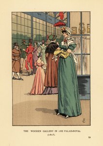 Fasjonabel kvinne som handler i Wooden Gallery i Palais Royal, Paris av François Courboin