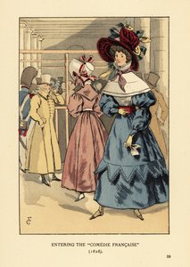 Fasjonable kvinner på et skuespill, Paris. Kvinne i stor panser med bånd, kjole med høy krage, blondekappe eller pelerine og hele ermer en beret. Inn i Comedie Francaise av François Courboin