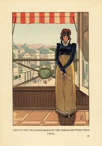 Kvinne ved vinduet med utsikt over Panoramas og Passage des Panoramas, på Boulevard Montmartre, Paris av François Courboin