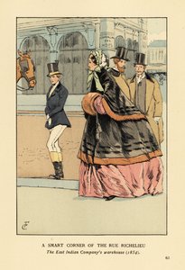 Kvinne i pelsforet kappe og muff over en bred krinolin, med en annen kvinne i ridetøy. Et smart hjørne av rue de Richelieu, det østindiske kompaniets lager, Paris av François Courboin