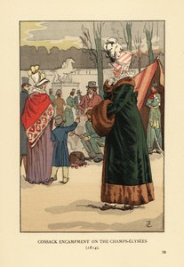 Kvinne i pelsfôret pels med pelsmuff på besøk til Tatar- og Kalmyk-kosakkbivuene i Paris etter Napoleons fall. Kosaksleir på Champs Elysees av François Courboin