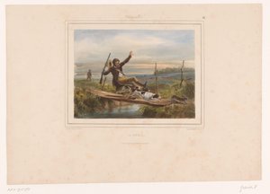 Hunter snubler på en smal bro La chûte (tittel på objekt) Jegere med våpen (serietittel) Chasses au Tir (serietittel på objekt) av François Grenier