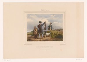 Hunter viser andre jeger sin skutt hare Le chasseur en jouissance (tittel på objekt) Jegere med våpen (serietittel) Chasses au Tir (serietittel på objekt) av François Grenier