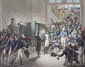Avgang av Louis XVIII (1755-1824) konge av Frankrike og Navarre, fra Les Tuileries, 19. mars 1815 (fargegravering)