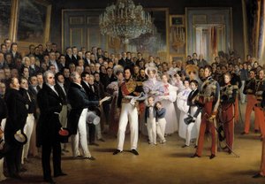 Revolusjonen av 1830: "" Deputertkammeret presenterer til hertugen av Orleans, Louis Philippe I (1773-1850), handlingen som kaller ham til tronen og charteret av 1830, på det kongelige palasset, 7/08/ 1830"" Detalj. Maleri av Francois Joseph Heim (1787-18 av François Joseph Heim