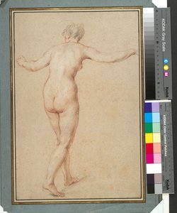 Stående kvinne naken sett bakfra, ca. 1722 (rødt, svart og hvitt kritt på papir) av François Lemoyne