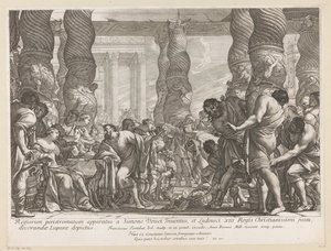 Samson blir ført til en søyle i Dagans tempel av François Tortebat