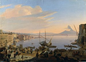 Utsikt over Napoli med Vesuv i bakgrunnen, av Frans Vervloet (1795-1872), olje på lerret, 35x48 cm
