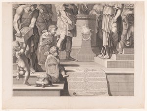 Mars setter sverdet sitt i flammene foran et tempel (nedre del) av François de Poilly (I)
