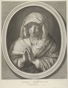 Jomfruen i bønn ser ned, i en oval ramme, etter Reni, 1640-93. av François de Poilly
