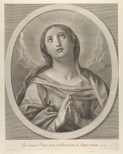 Jomfruen i bønn, ser opp med skyer bak seg, i en oval ramme, etter Reni, ..., 1648-81. av François de Poilly
