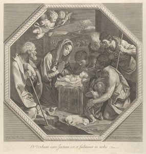 Tilbedelsen av hyrdene som kneler sammen rett foran spedbarnet Kristus..., ca. 1655-93. av François de Poilly