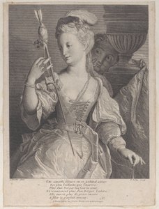 Ung kvinne spinner tråd for en pil, 1686-1741. av François de Poilly