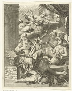 Allegori med kvinnelige personifikasjoner av blant annet sannheten og dyder og laster Tittelside for: Johannes van der Kemp, Kristen heleid av Kristus i liv og død, viser i femtitre prekener om det hellige