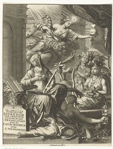 Allegori med kvinnelige personifikasjoner av blant annet sannheten og muligens dyder og laster Tittelside for: Johannes van der Kemp, Den kristne tilhører helt og holdent Kristus i liv og død, viser i femtitre prekener o av François van Bleyswijck