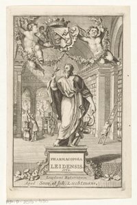 Asclepius Titelpagina voor: S.n., Pharmacopoeia Leiden, opprettet av de største sorenskrivernes myndighet, 1770