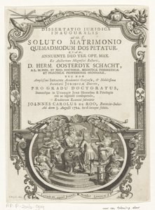 Minerva lauwert schrijver Tittelside for: Johannes Carolus de Roo, Dissertatio juridica inauguralis, ad tit. ff. etter et oppløst ekteskap, hvordan medgift bes om, 1722