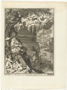 Muse og putti sitter ved graven til poeten Arnold Moonen Tittelside for: Arnold Moonen, Continued der poëzye, Delft 1720 Fortsettelse av A. Moonens Poezy (tittel på objekt) av François van Bleyswijck