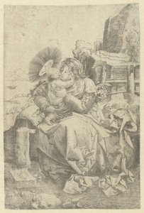 Madonna og barn i et landskap