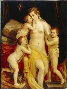 Allegori om veldedighet. Tre barn med medfølende uttrykk nærmer seg ømt sin triste mor for å trøste henne. Maleri av Frans Floris lysken (1519-1570), olje på tre. nederlandsk kunst av Frans Floris