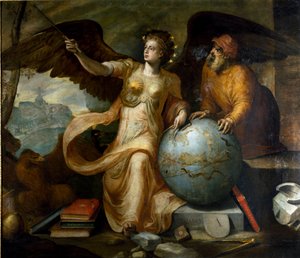 Astrologi. Allegori og personifisering av astrologi med astrologiske instrumenter og himmelsk klode. Maleri av Frans Floris (1515-1570). flamsk maler. Gener, privat samling.