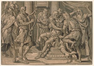 David spiller harpen før Saul, 1555. av Frans Floris