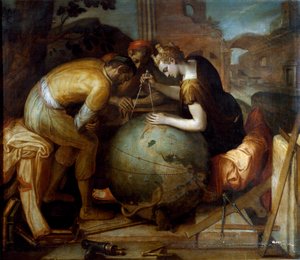Geometri. Allegori og personifisering av geometri som holder en kompas over en globus. Ulike geometriske instrumenter er arrangert i forgrunnen. Maleri av Frans Floris (1515-1570). flamsk kunst. Privat samling, Genes.