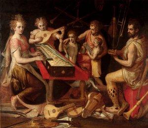 Music Characters vetus har den eldgamle omgivelsen av musikkinstrumenter som utgjør en allegori. Maleri av Frans Floris (1515-1570) 1500-tallets gener, privat samling av Frans Floris