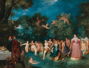 Diana og nymfene hennes bader, med en hjortjakt i bakgrunnen, ca 1606.