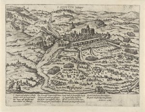 Beleiring av Saint-Quentin, 1557 S. Quintin belägert (tittel på objekt) Serie 2: Begivenheter i Nederland, 1555-1558 (serietittel) av Frans Hogenberg