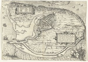 Kart over eiland Voorne en plattegrond av Brielle, 1572 Brillium, Holland opp. på grunn av den innbyrdes nederlandske krigen, som i året for seieren til Frelsen 72 e.Kr. i aprilvarmen begynte han her, berømt (tittel på objekt) av Frans Hogenberg