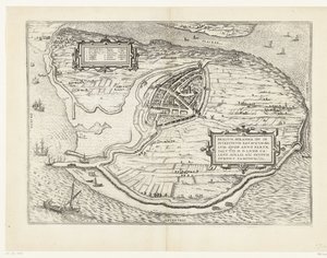 Kart over eiland Voorne en plattegrond av Brielle, 1572 Brillium, Holland opp. på grunn av den innbyrdes nederlandske krigen, som i året for seieren til Frelsen 72 e.Kr. i aprilvarmen begynte han her, berømt (tittel på objekt) av Frans Hogenberg