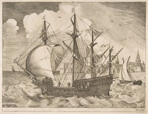 Bevæpnet fire-master legger ut til sjøs fra seilfartøyene, ca. 1555-56. av Frans Huys