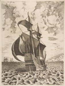 Bevæpnet firemaster seiler mot en havn fra seilfartøyene, 1561-65. av Frans Huys