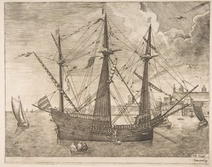 Bevæpnet tre-master ankret nær en by fra seilfartøyene, ca. 1555-56. av Frans Huys
