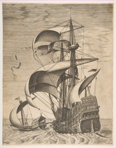 Bevæpnet tremester på åpent hav akkompagnert av en bysse, fra serien Sailing Ves..., 1561-65. av Frans Huys