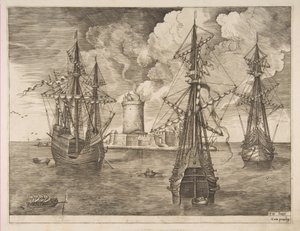 Fire-mester til venstre og to tre-mester forankret nær en befestet øy med et lys..., 1561-65. av Frans Huys