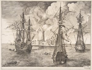 Fire-master og Two Three-masters ankret nær en befestet øy fra The Sailing Ves..., 1561-65. av Frans Huys