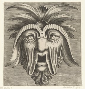 Maske med åpen, tannløs munn, hengende kinn og pust på hodet Pourtraicture ingenieuse de plusieurs facons de masques... (serietittel)