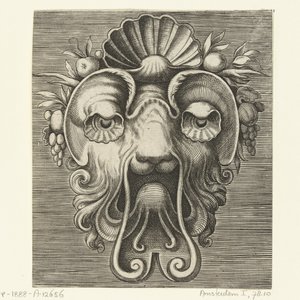 Maske med skjellformede øyne og et skall mellom fruktklaser på pannen Pourtraicture ingenieuse de plusieurs facons de masques... (serietittel) av Frans Huys