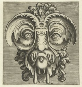 Maske med tallerkener rundt øynene og en dusk krøller på hodet Pourtraicture ingenieuse de plusieurs facons de masques... (serietittel) av Frans Huys