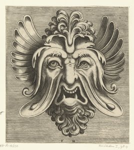 Masker met uitgezakte wangen, twee spitse ondertanden en een toef krullen rustend op de neuswortel Pourtraicture ingenieuse de plusieurs facons de masques… (series title)   1376064   no       norwegian Successfully Translated  Original: September and Octob av Frans Huys