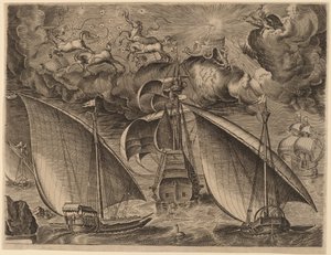 To bysser bak en væpnet tremester med Phaethon og Jupiter i himmelen