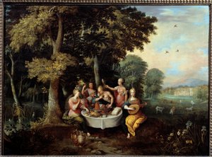 De fem sansene unge kvinner i et landskap med bankett (smak), musikk (hør), speil (syn), bukett blomster (lukt) og kjærtegn (berøring). Maleri av Franz (Frans) Francken II le Jeune (1581-1642) (ec.flam.) 1600-tallet søn. 0,65x0,9 m Toulouse, museum