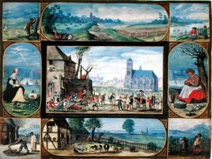 Sammensatt av ti allegoriske scener av livet i byen og landet (gouache med innslag av gull på vellum) av Frans II the Younger Francken