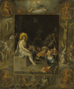 The mocking of Christ, i en grisaille-omgivelse som viser Gud Faderen, evangelistene, korsfestelsen, oppstandelsen og Djevelen og døden med den kronede slangen av Frans II the Younger Francken
